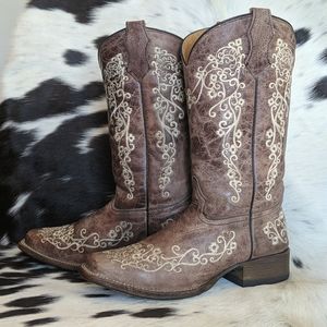 Girls/youth CORRAL A2980 leather square toe floral embroidered cowboy boots sz 4